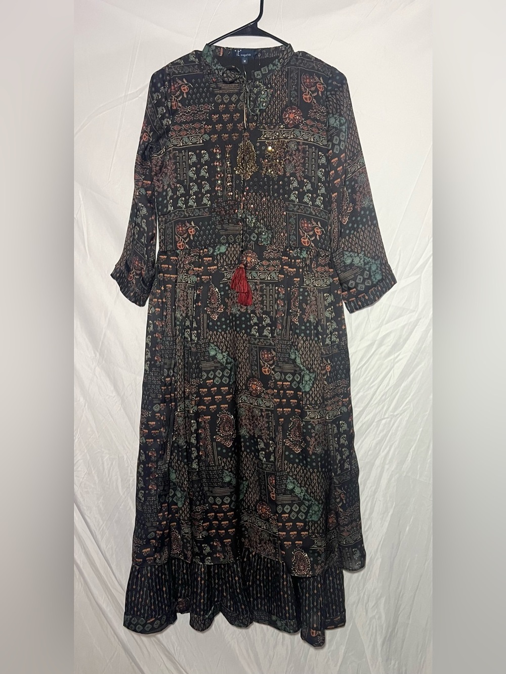 Only Black Paisley & Geometric Maxi Dress with Red Tassel